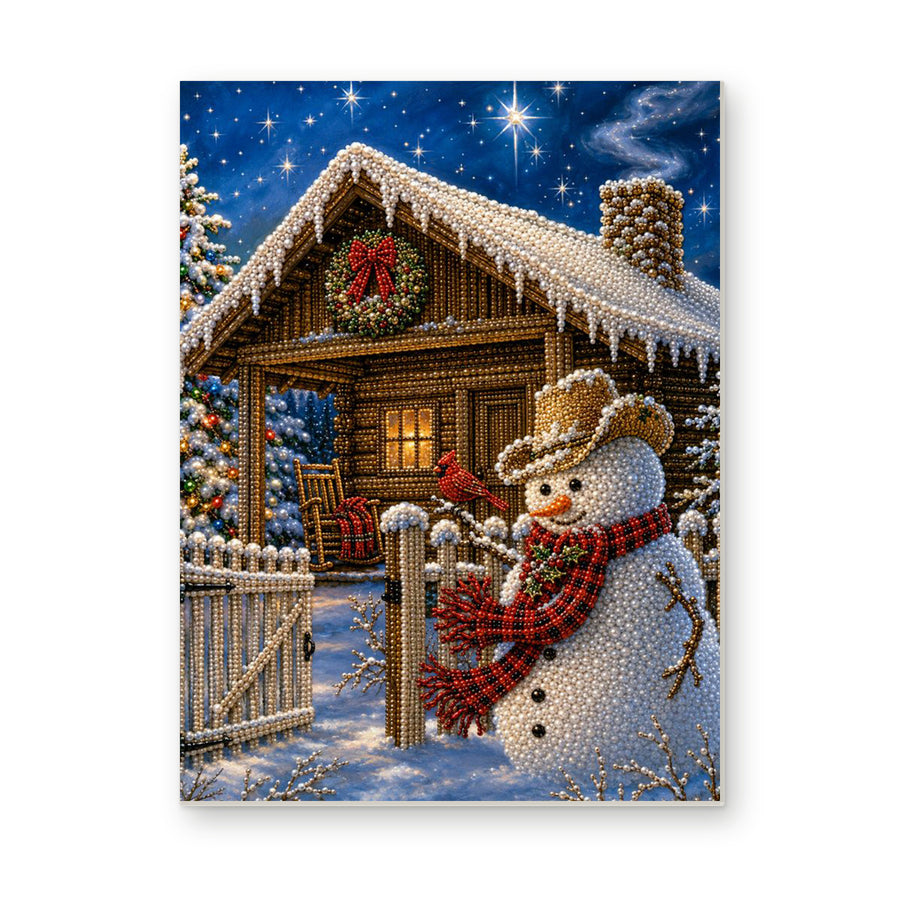 Straight dimensional white-background mockup of the complete artwork — Snowman in a Cowboy Hat Beside a Christmas Cabin. Pearl diamond painting DIY kit by Isuvio.