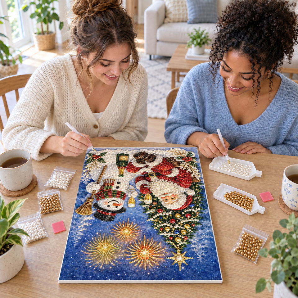 Two friends creating one shared Pearl artwork — Santa and Snowman Celebrating Under Fireworks. Pearl diamond painting DIY kit by Isuvio.