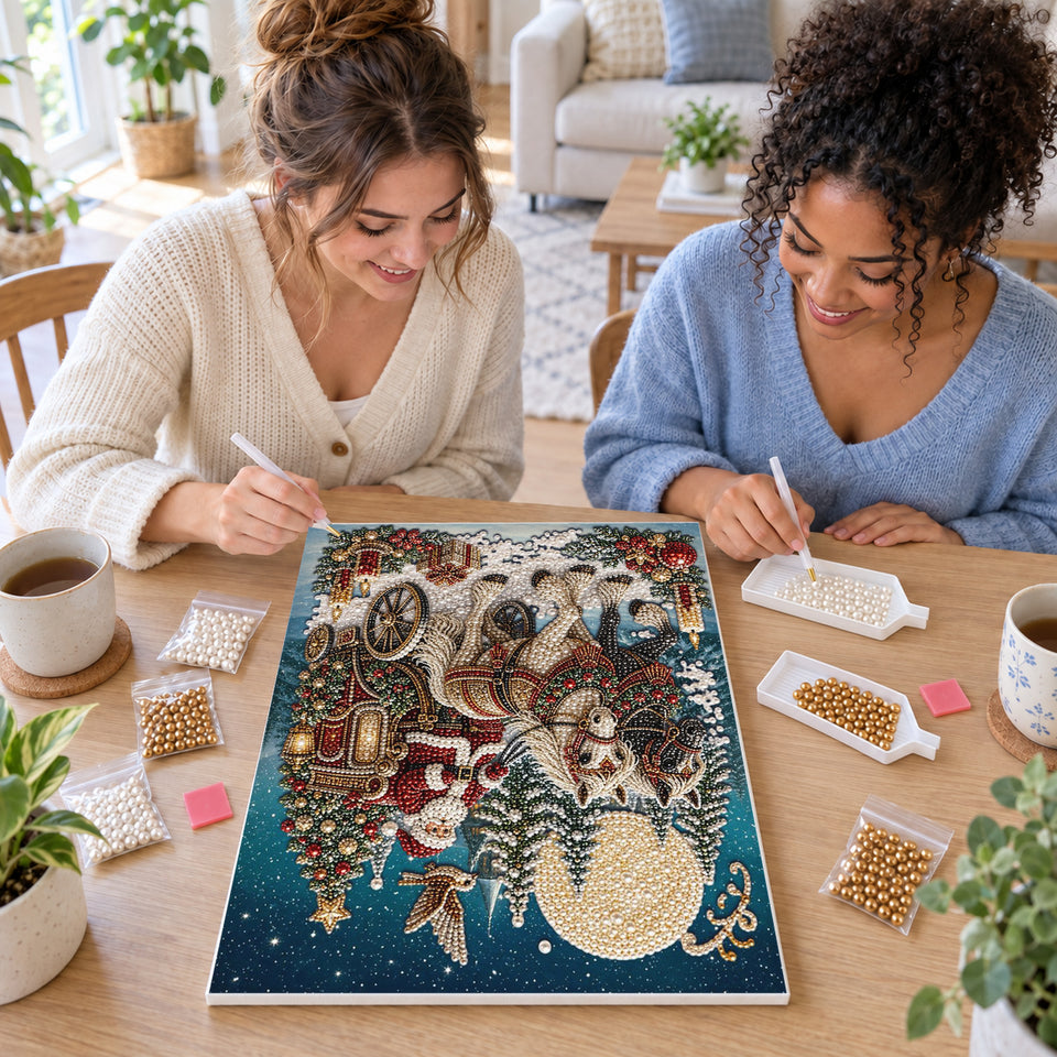 Two friends creating one shared Pearl artwork — Santa in a Horse-Drawn Christmas Carriage. Pearl diamond painting DIY kit by Isuvio.