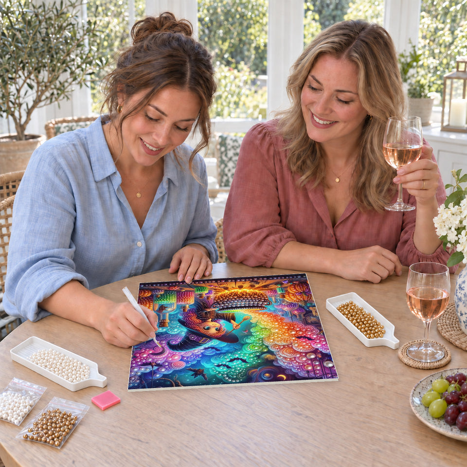 Friends enjoying a sip and craft session — Little Witch Brewing a Rainbow Potion. Pearl diamond painting DIY kit by Isuvio.