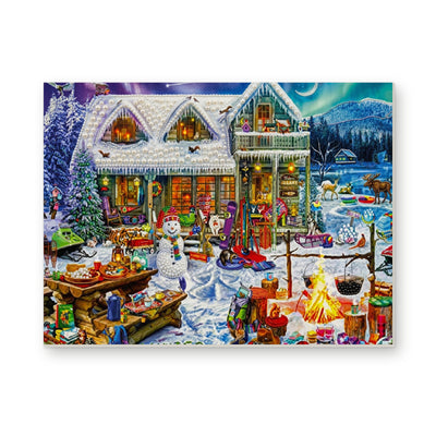 Straight dimensional white-background mockup of the complete artwork — Snowy Christmas Market Village. Pearl diamond painting DIY kit by Isuvio.