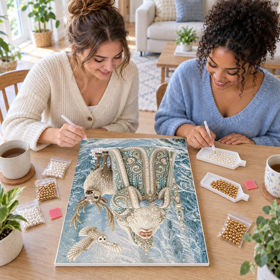 Two friends creating one shared Pearl artwork — Ice Blue Father Christmas and Reindeer. Pearl diamond painting DIY kit by Isuvio.