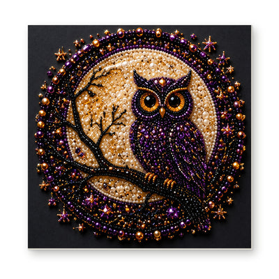 Straight dimensional white-background mockup of the complete artwork — Purple Owl in a Golden Moon Medallion. Pearl diamond painting DIY kit by Isuvio.