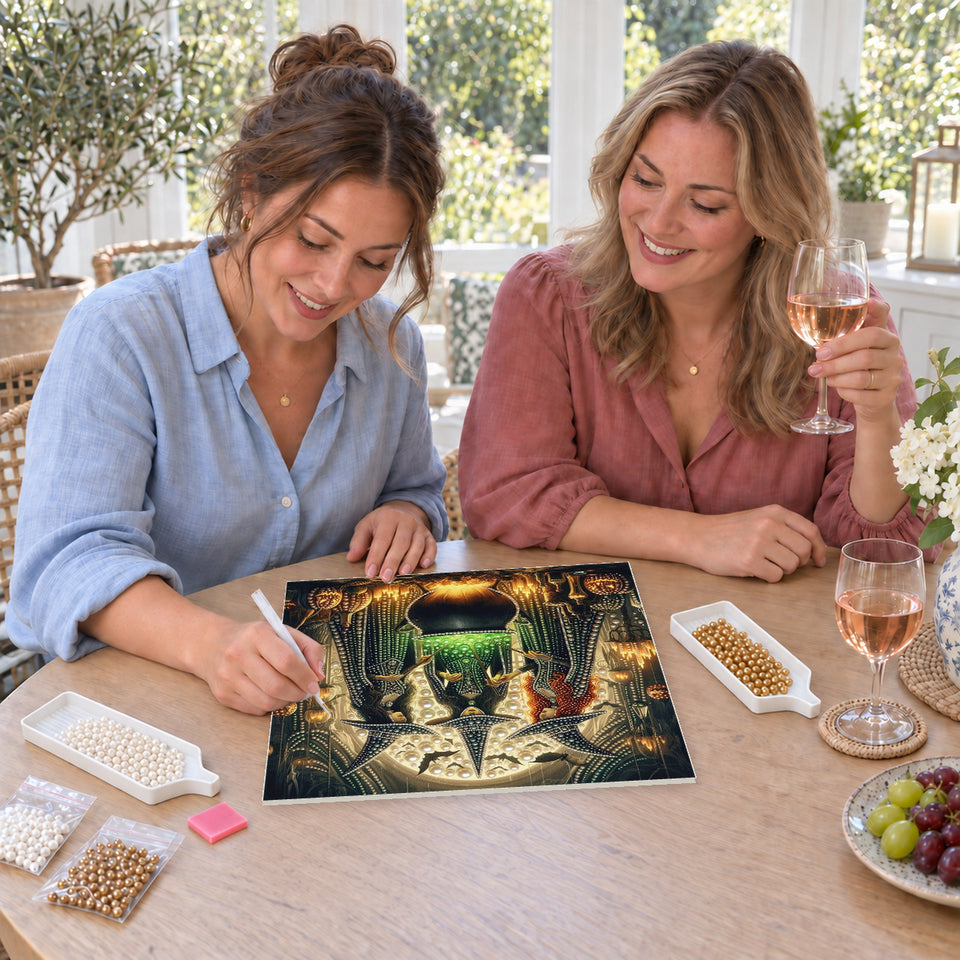Friends enjoying a sip and craft session — Three Witches Around a Glowing Green Cauldron. Pearl diamond painting DIY kit by Isuvio.