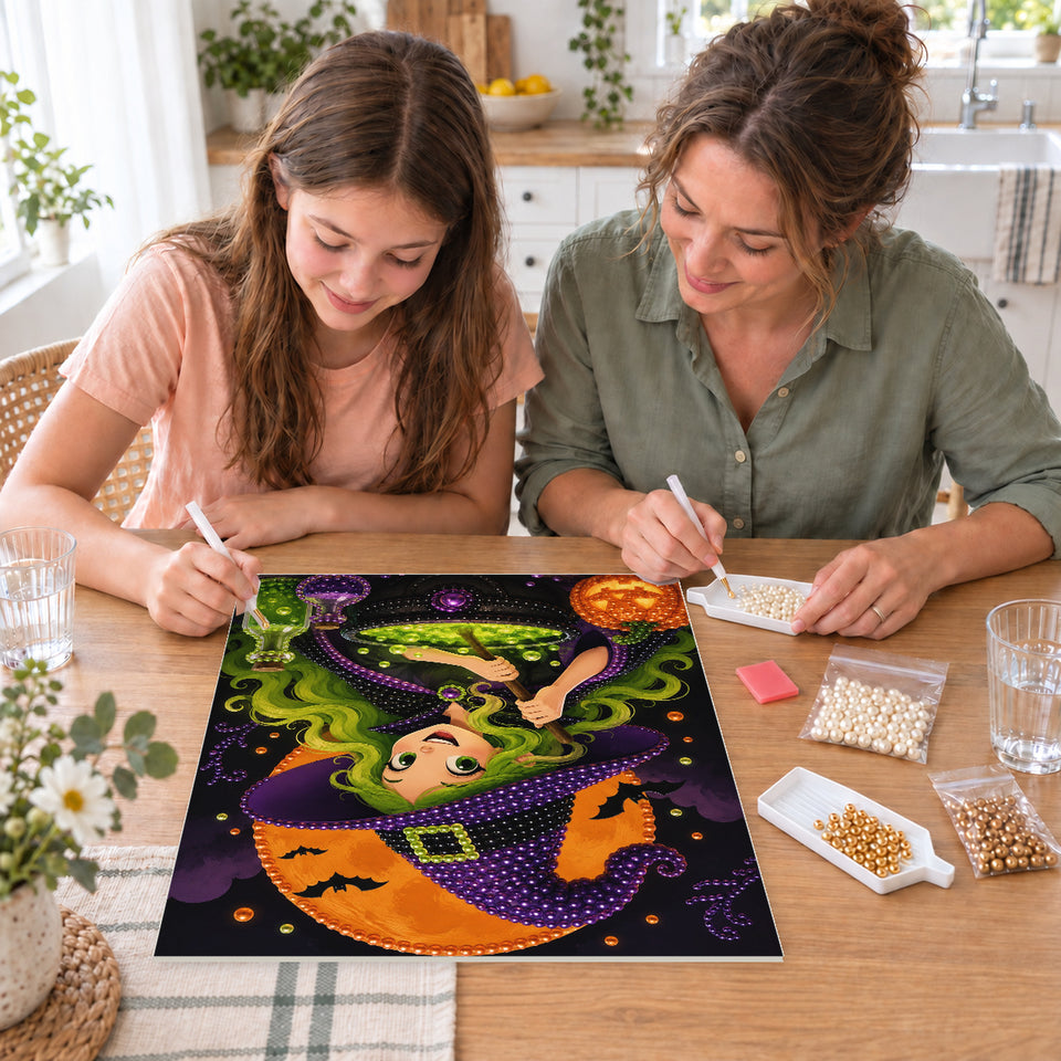 Mother and daughter creating one shared Pearl artwork — Green-Haired Witch Stirring a Cauldron. Pearl diamond painting DIY kit by Isuvio.