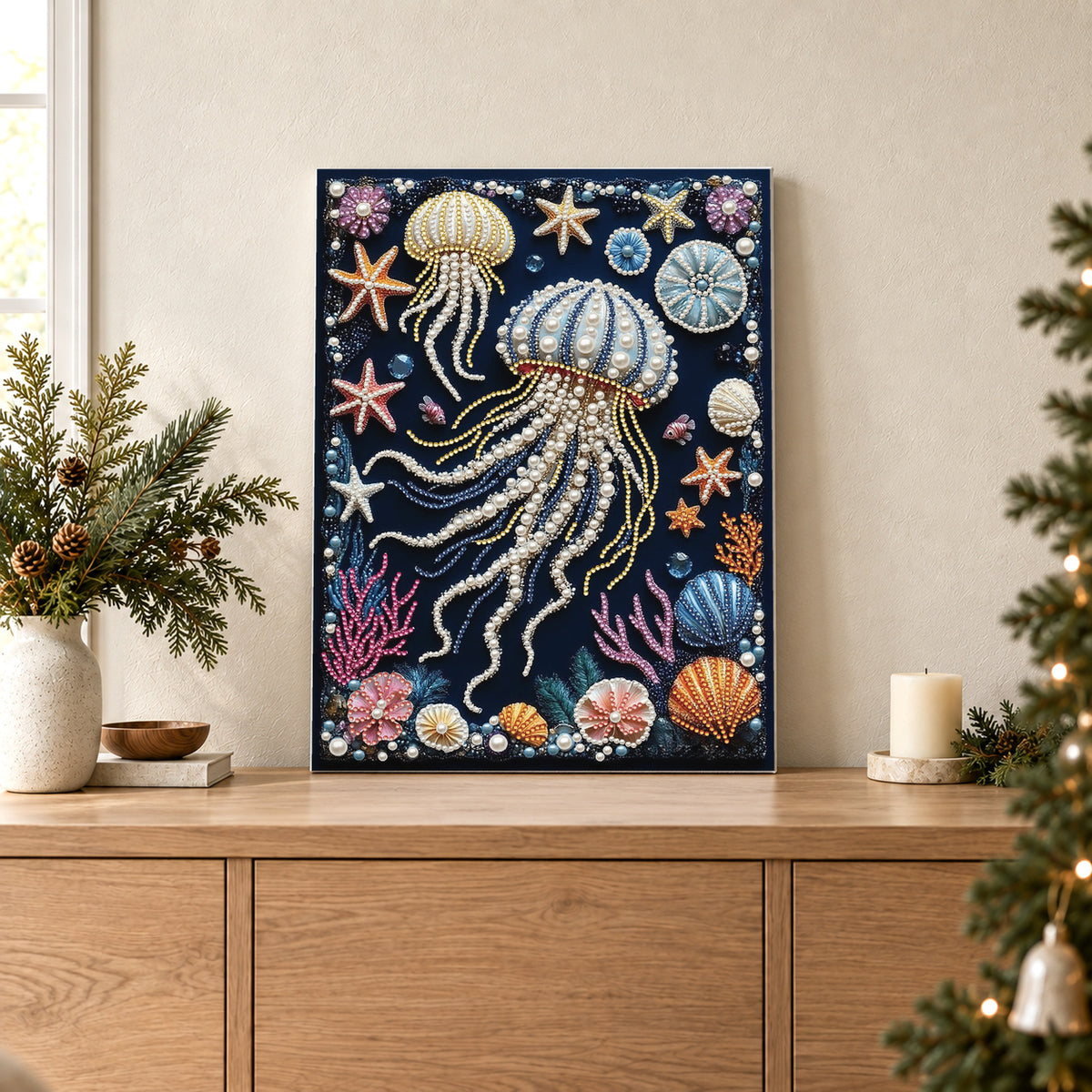 Pearl Jellyfish with Colorful Coral and Seashells