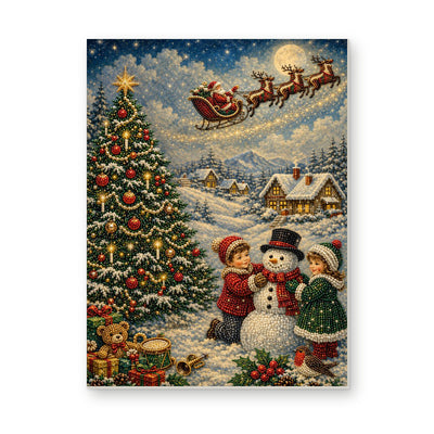 Straight dimensional white-background mockup of the complete artwork — Santa's Sleigh Above Children and a Snowman. Pearl diamond painting DIY kit by Isuvio.