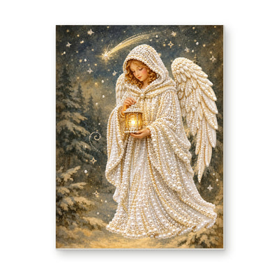 Straight dimensional white-background mockup of the complete artwork — Angel with Lantern Under a Shooting Star. Pearl diamond painting DIY kit by Isuvio.