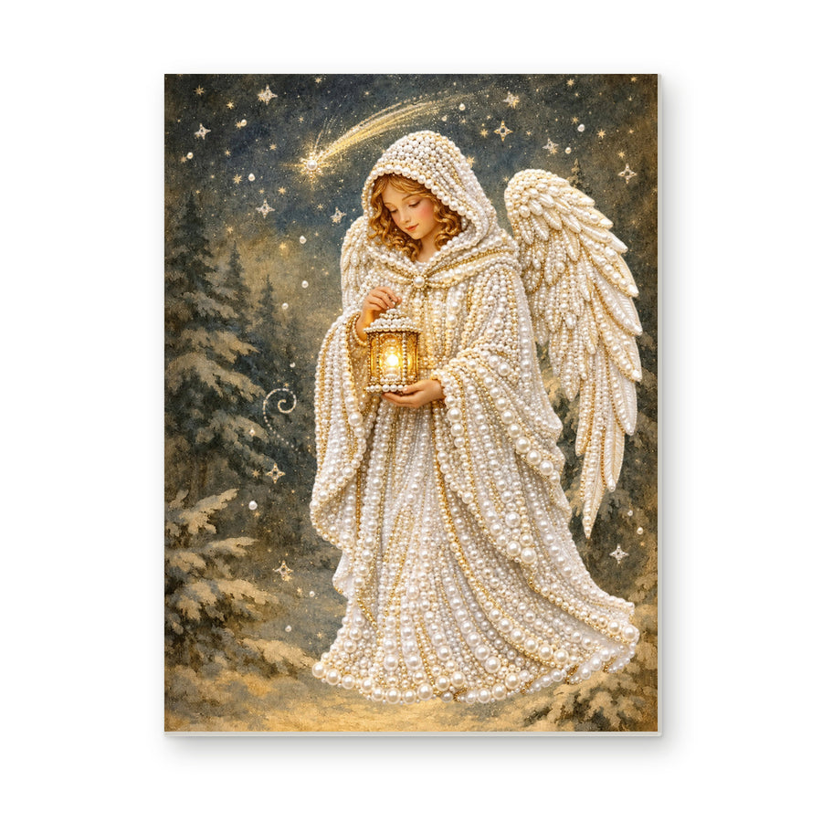 Straight dimensional white-background mockup of the complete artwork — Angel with Lantern Under a Shooting Star. Pearl diamond painting DIY kit by Isuvio.