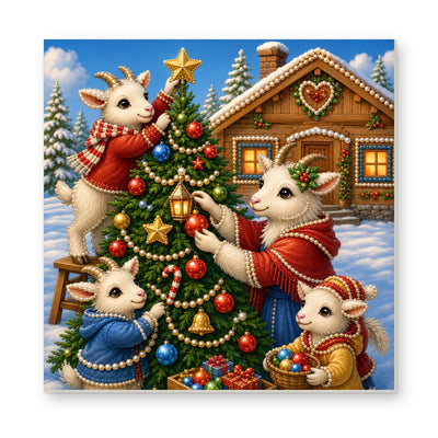 Straight dimensional white-background mockup of the complete artwork — Christmas Goats Decorating a Chalet Tree. Pearl diamond painting DIY kit by Isuvio.