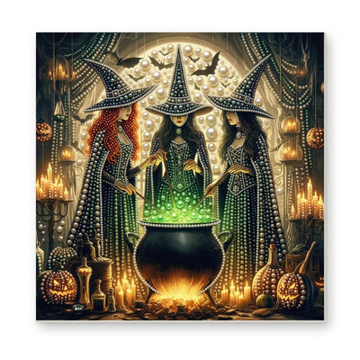 Straight dimensional white-background mockup of the complete artwork — Three Witches Around a Glowing Green Cauldron. Pearl diamond painting DIY kit by Isuvio.