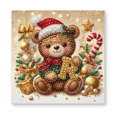 Straight dimensional white-background mockup of the complete artwork — Christmas Teddy Bear with the Letter R. Pearl diamond painting DIY kit by Isuvio.