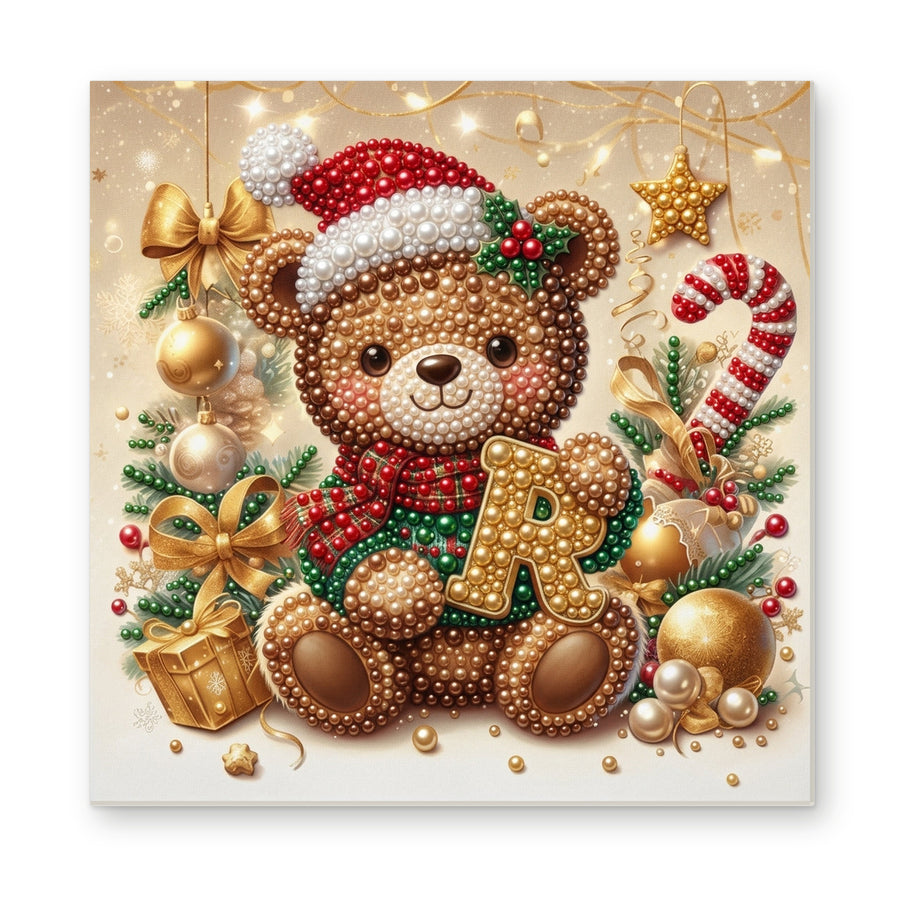 Straight dimensional white-background mockup of the complete artwork — Christmas Teddy Bear with the Letter R. Pearl diamond painting DIY kit by Isuvio.