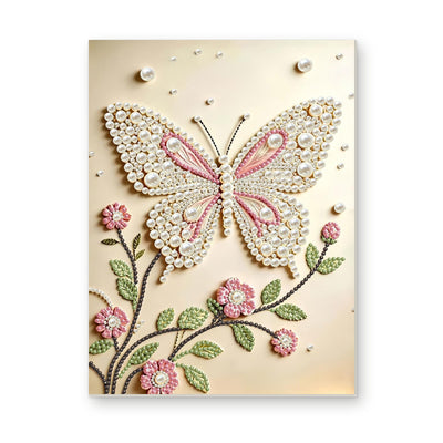 Straight dimensional white-background mockup of the complete artwork — Pink and White Butterfly Above Flowering Branches. Pearl diamond painting DIY kit by Isuvio.