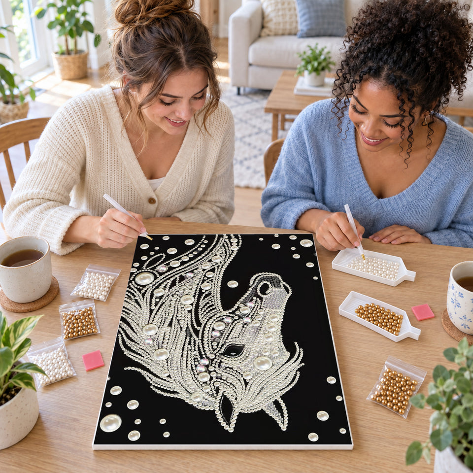 Two friends creating one shared Pearl artwork — White Pearl Horse Portrait on Black. Pearl diamond painting DIY kit by Isuvio.