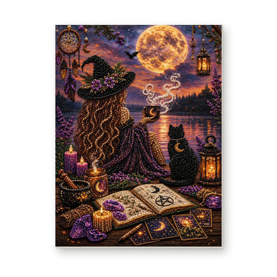 Straight dimensional white-background mockup of the complete artwork — Moonlit Witch with a Black Cat by the Lake. Pearl diamond painting DIY kit by Isuvio.