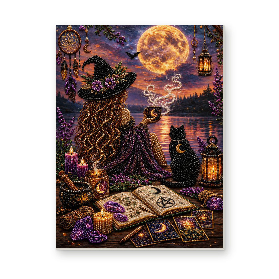 Straight dimensional white-background mockup of the complete artwork — Moonlit Witch with a Black Cat by the Lake. Pearl diamond painting DIY kit by Isuvio.