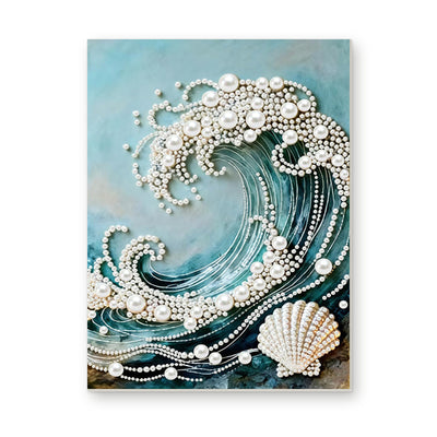 Straight dimensional white-background mockup of the complete artwork — Turquoise Ocean Wave with White Pearl Foam. Pearl diamond painting DIY kit by Isuvio.