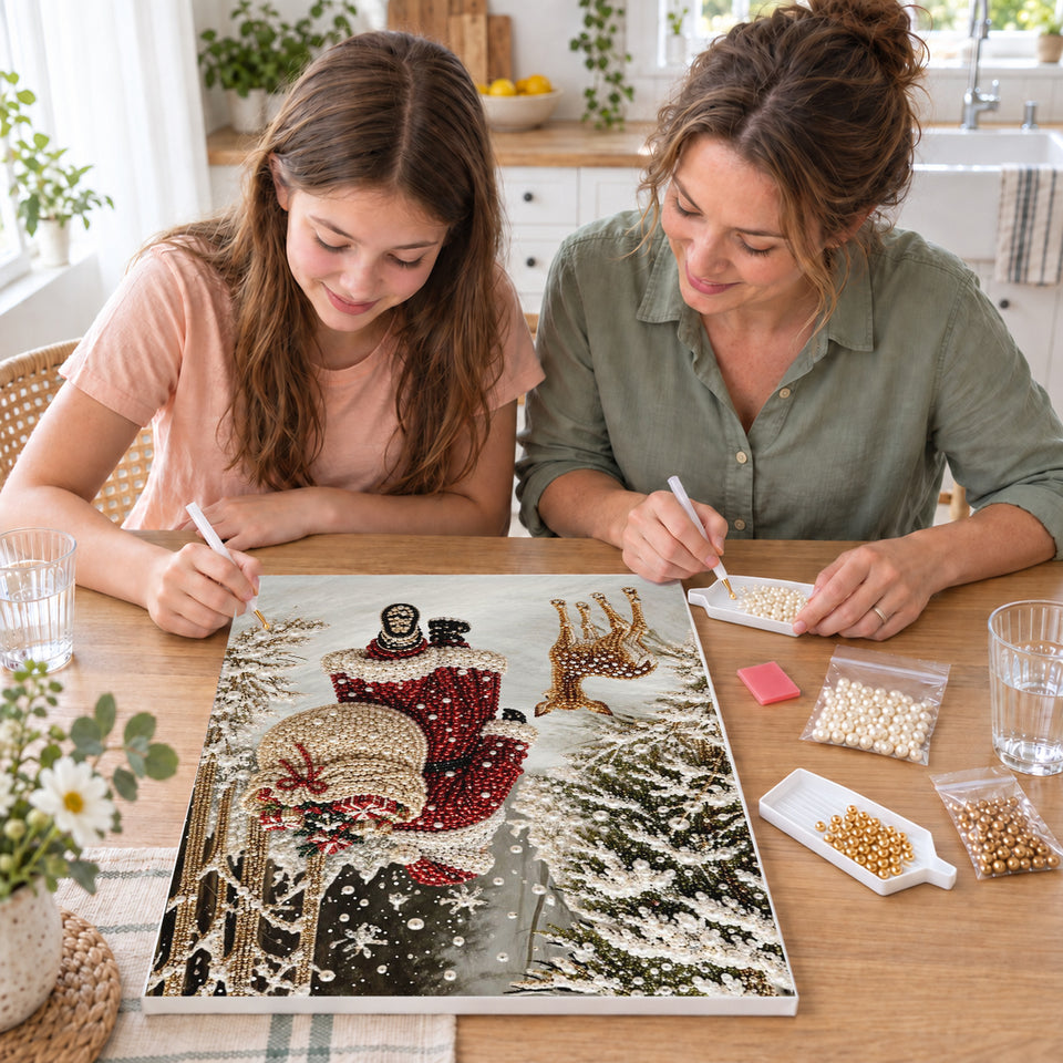 Mother and daughter creating one shared Pearl artwork — Santa's Snowy Forest Delivery. Pearl diamond painting DIY kit by Isuvio.