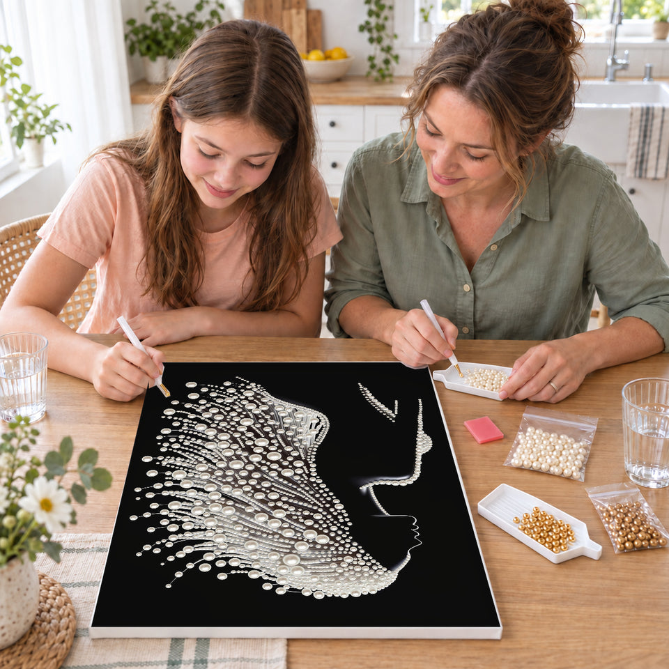 Mother and daughter creating one shared Pearl artwork — Woman in Profile with Flowing White Pearl Hair. Pearl diamond painting DIY kit by Isuvio.