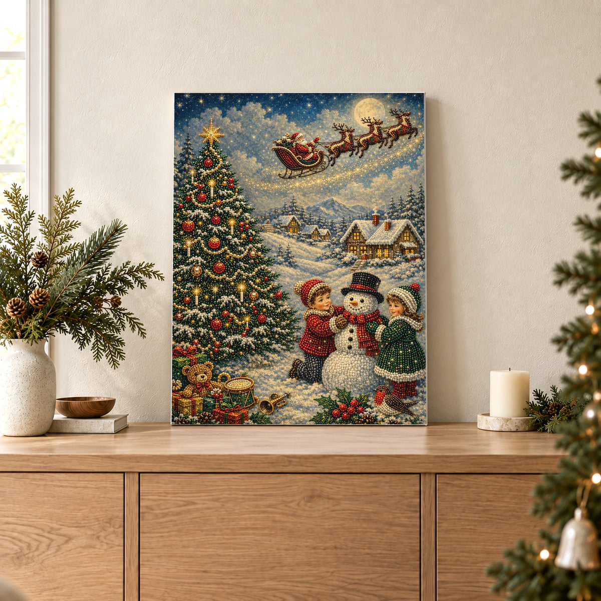 Der Schlitten des Weihnachtsmanns über Kindern und einem Schneemann