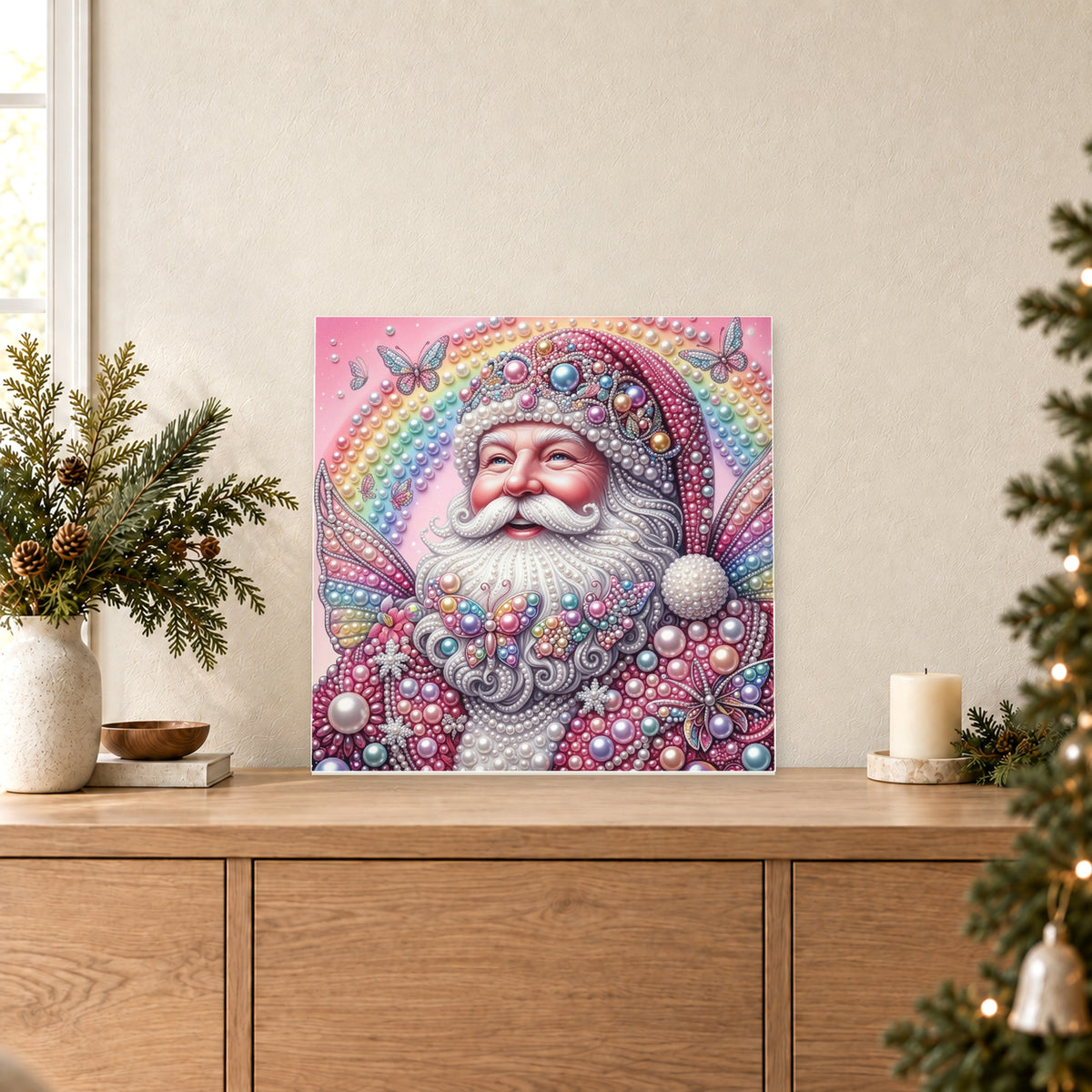 Rosa Feen-Weihnachtsmann unter einem Regenbogen