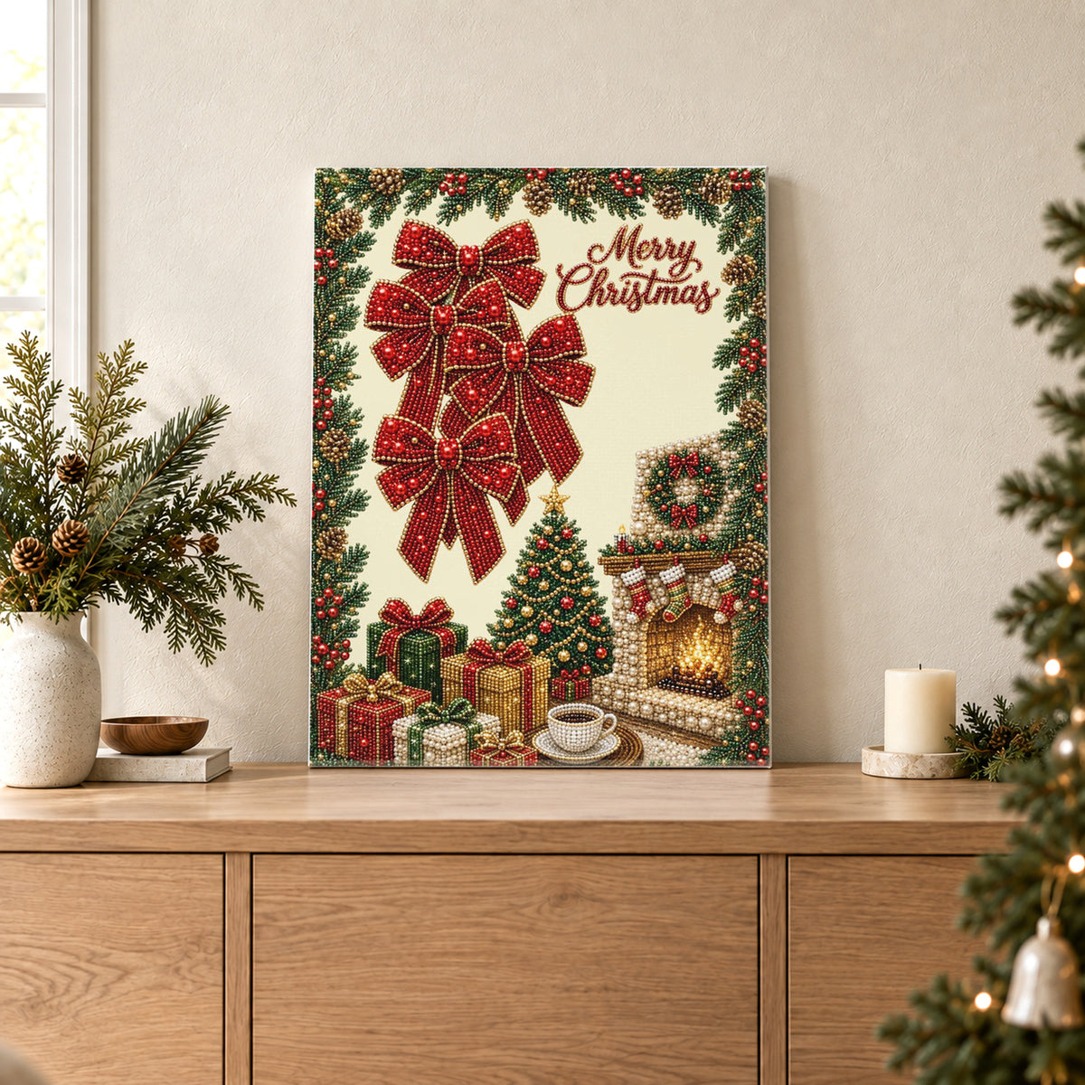Weihnachtsschleifen und gemütlicher Kamin