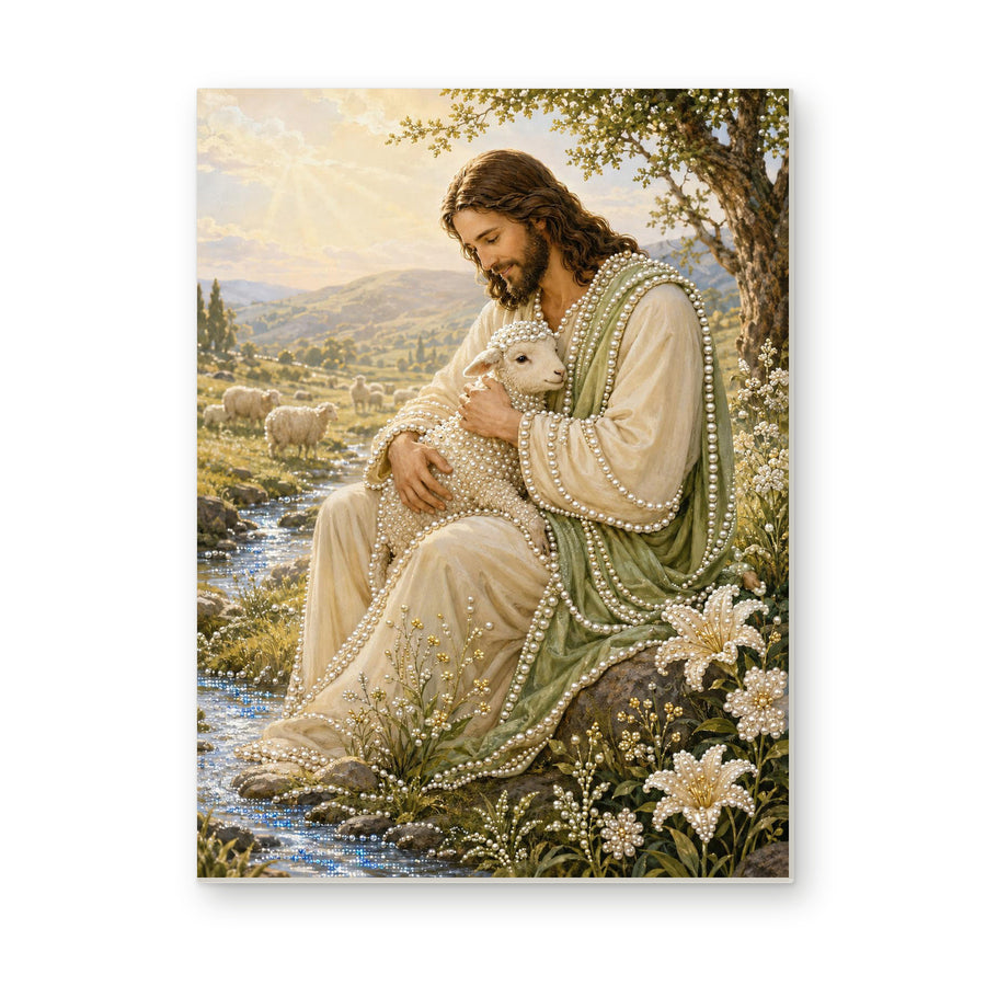 Straight dimensional white-background mockup of the complete artwork — Jesus Holding a Lamb Beside a Peaceful Stream. Pearl diamond painting DIY kit by Isuvio.