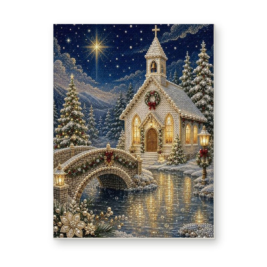 Straight dimensional white-background mockup of the complete artwork — Christmas Chapel Beside a Stone Bridge. Pearl diamond painting DIY kit by Isuvio.