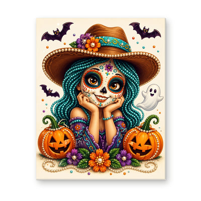 Straight dimensional white-background mockup of the complete artwork — Teal-Haired Sugar Skull Girl with Pumpkins. Pearl diamond painting DIY kit by Isuvio.