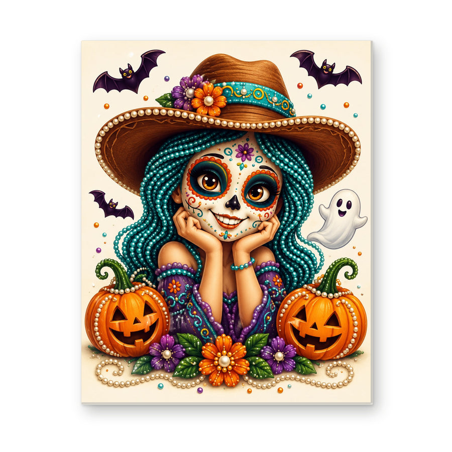 Straight dimensional white-background mockup of the complete artwork — Teal-Haired Sugar Skull Girl with Pumpkins. Pearl diamond painting DIY kit by Isuvio.