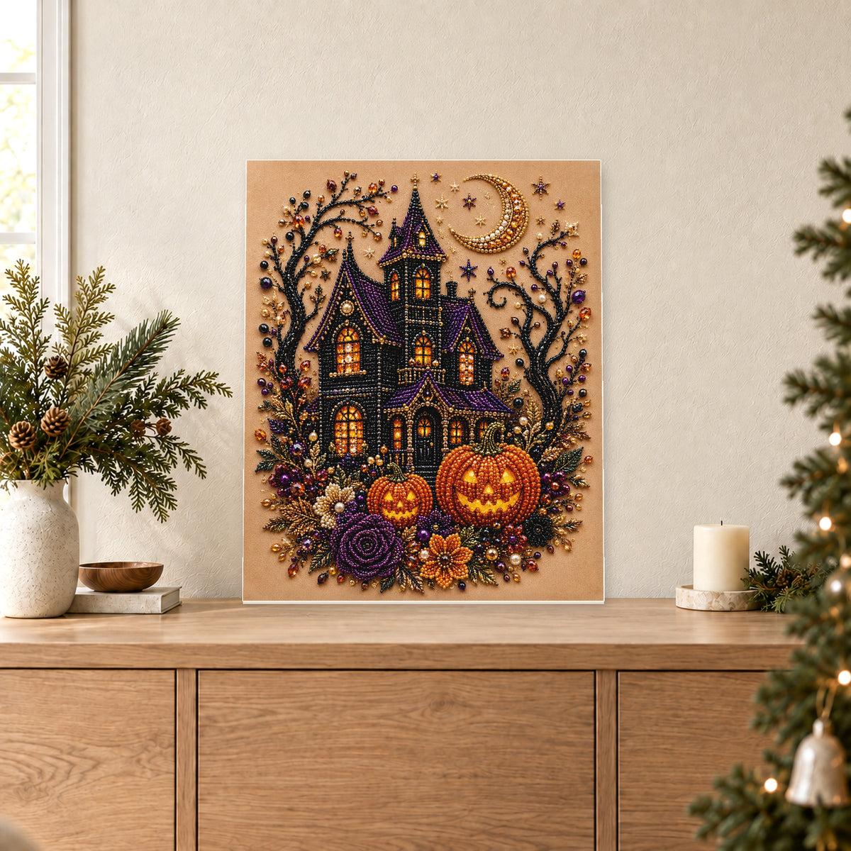 Casa encantada de tejados morados con calabazas y rosas