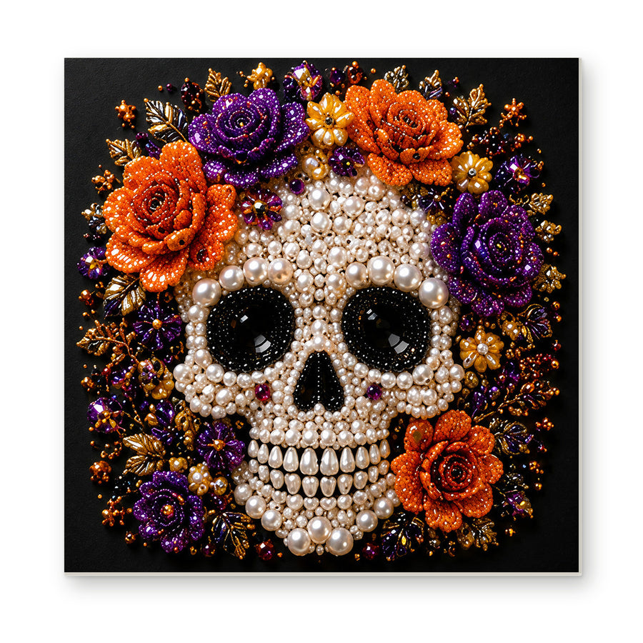 Straight dimensional white-background mockup of the complete artwork — White Skull with Purple and Orange Roses. Pearl diamond painting DIY kit by Isuvio.