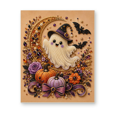 Straight dimensional white-background mockup of the complete artwork — Smiling Ghost on a Golden Crescent with Purple Pumpkins. Pearl diamond painting DIY kit by Isuvio.