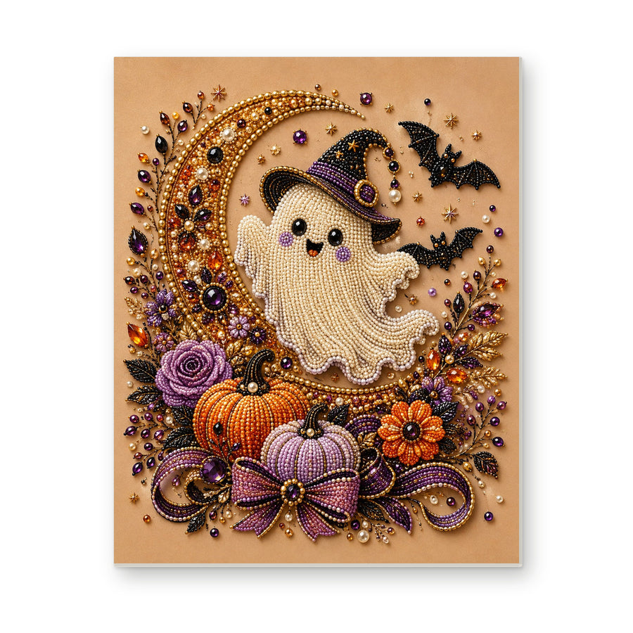 Straight dimensional white-background mockup of the complete artwork — Smiling Ghost on a Golden Crescent with Purple Pumpkins. Pearl diamond painting DIY kit by Isuvio.