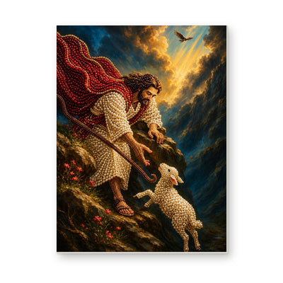 Straight dimensional white-background mockup of the complete artwork — Jesus Reaching for a Lamb on a Rocky Ledge. Pearl diamond painting DIY kit by Isuvio.