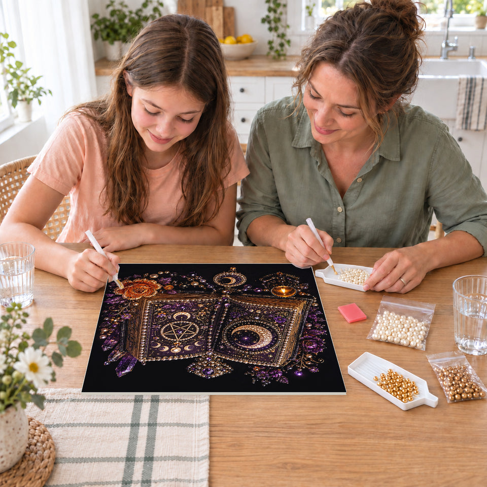 Mother and daughter creating one shared Pearl artwork — Open Spell Book with Purple Jewels and Moon Symbols. Pearl diamond painting DIY kit by Isuvio.