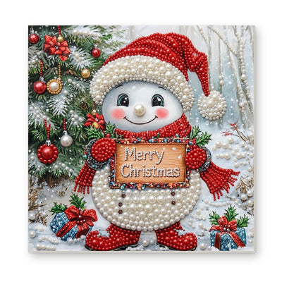 Straight dimensional white-background mockup of the complete artwork — Snowman with a Merry Christmas Sign. Pearl diamond painting DIY kit by Isuvio.