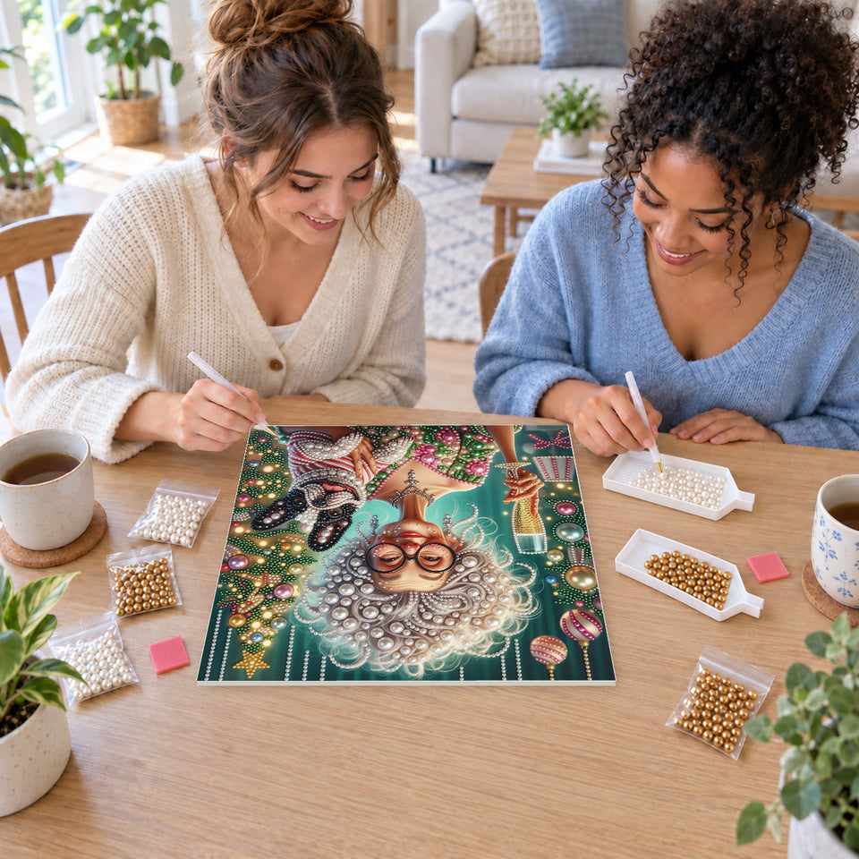 Two friends creating one shared Pearl artwork — Christmas Toast with a French Bulldog. Pearl diamond painting DIY kit by Isuvio.