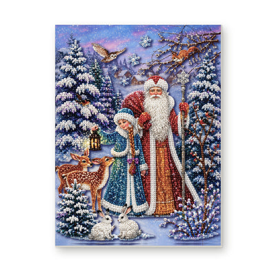 Straight dimensional white-background mockup of the complete artwork — Santa and a Winter Maiden in the Snowy Forest. Pearl diamond painting DIY kit by Isuvio.