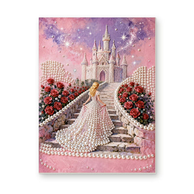 Straight dimensional white-background mockup of the complete artwork — Princess Path to a Starlit Castle. Pearl diamond painting DIY kit by Isuvio.