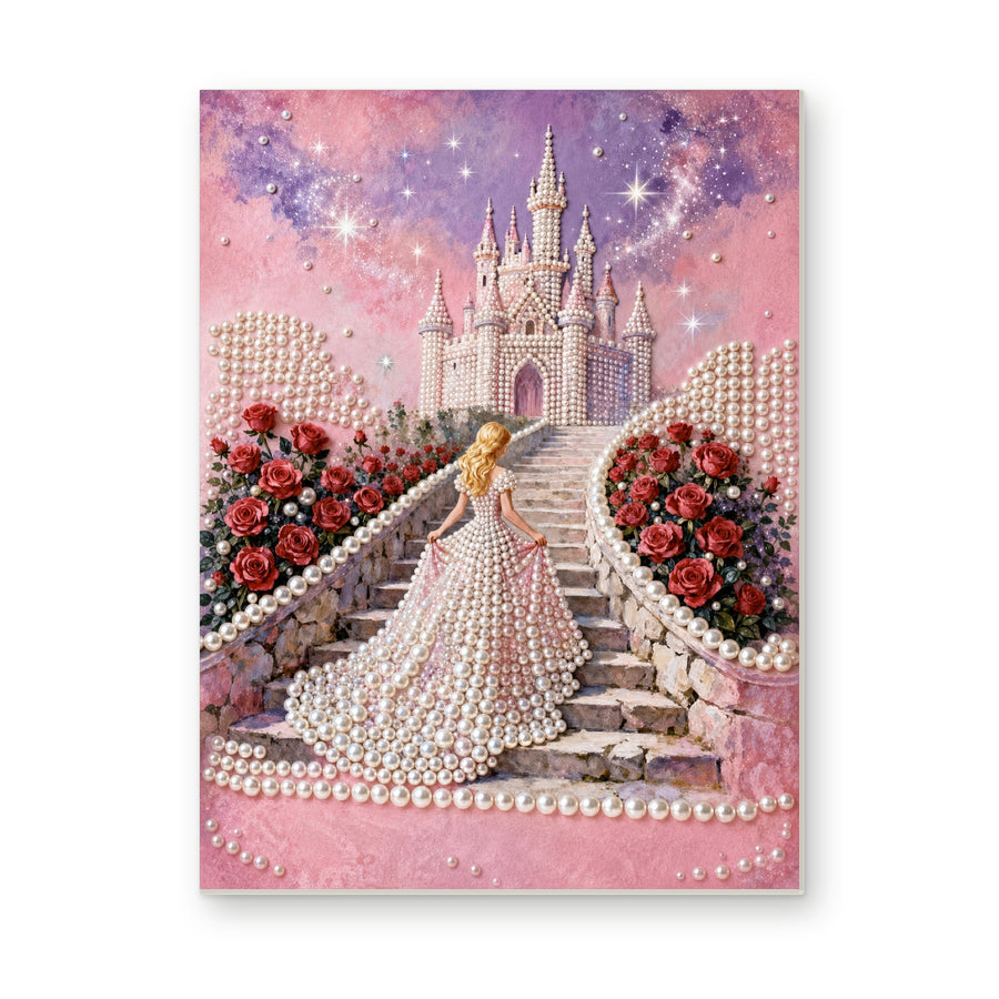 Straight dimensional white-background mockup of the complete artwork — Princess Path to a Starlit Castle. Pearl diamond painting DIY kit by Isuvio.