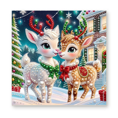 Straight dimensional white-background mockup of the complete artwork — Two Festive Fawns in a Snowy Village. Pearl diamond painting DIY kit by Isuvio.