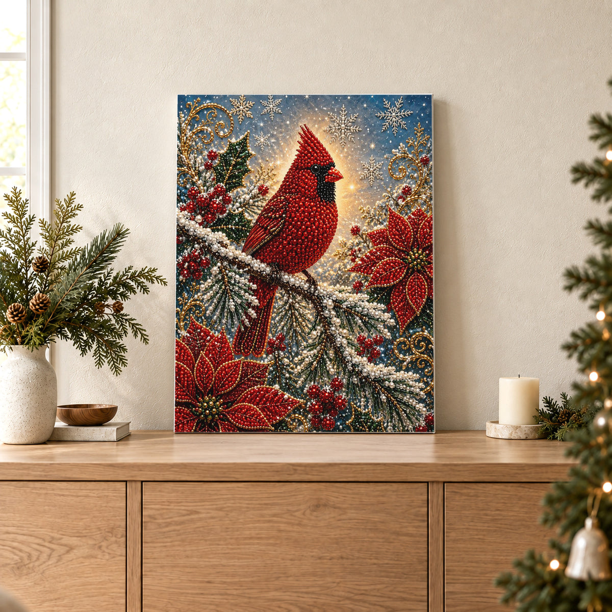 Oiseau cardinal rouge parmi les poinsettias et les branches enneigées