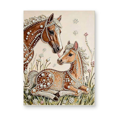 Straight dimensional white-background mockup of the complete artwork — Mare and Foal in a Flowering Meadow. Pearl diamond painting DIY kit by Isuvio.