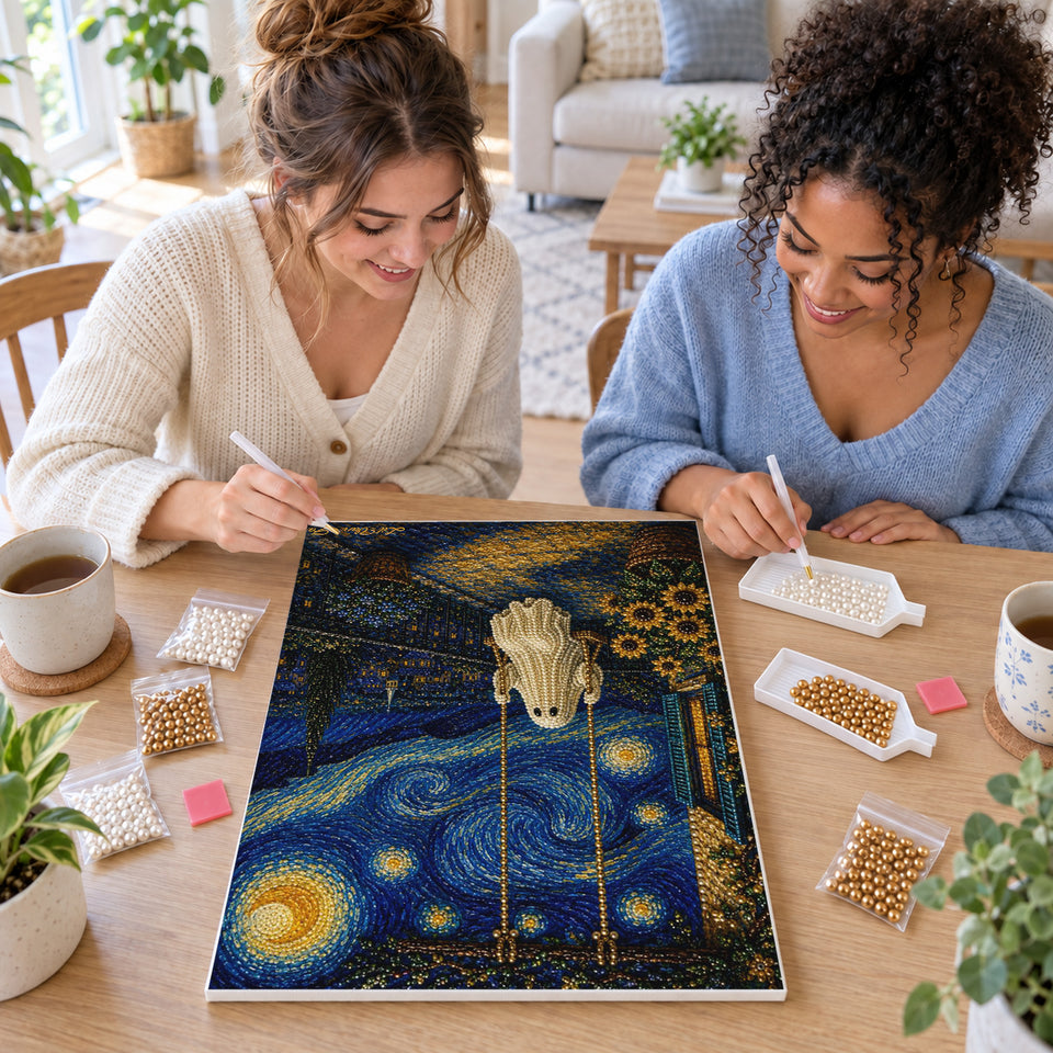 Two friends creating one shared Pearl artwork — Ghost on a Swing Beneath a Swirling Night Sky. Pearl diamond painting DIY kit by Isuvio.