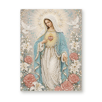 Straight dimensional white-background mockup of the complete artwork — Our Lady of the White Roses. Pearl diamond painting DIY kit by Isuvio.