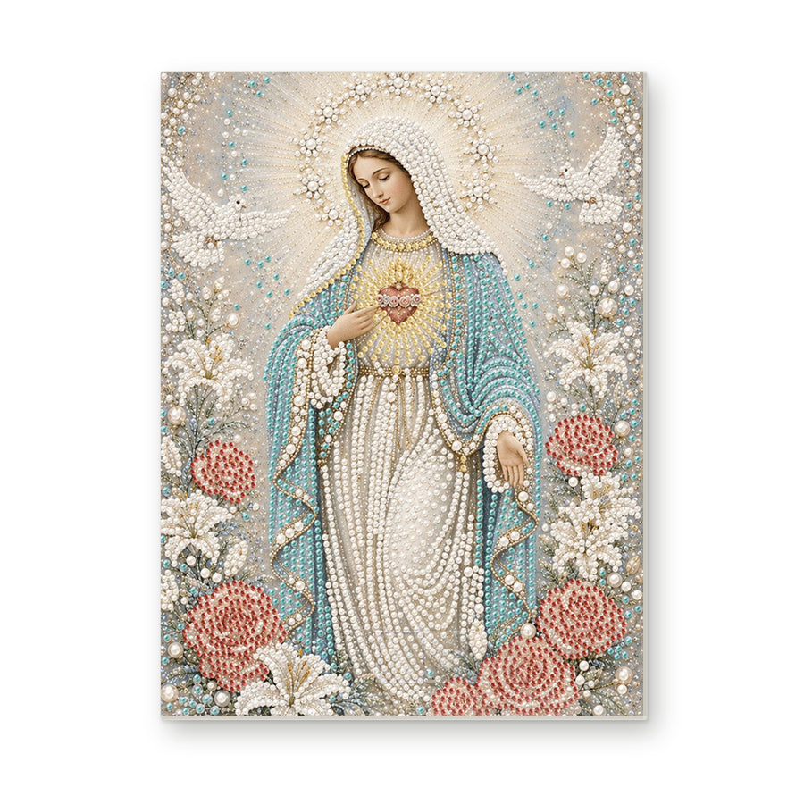 Straight dimensional white-background mockup of the complete artwork — Our Lady of the White Roses. Pearl diamond painting DIY kit by Isuvio.