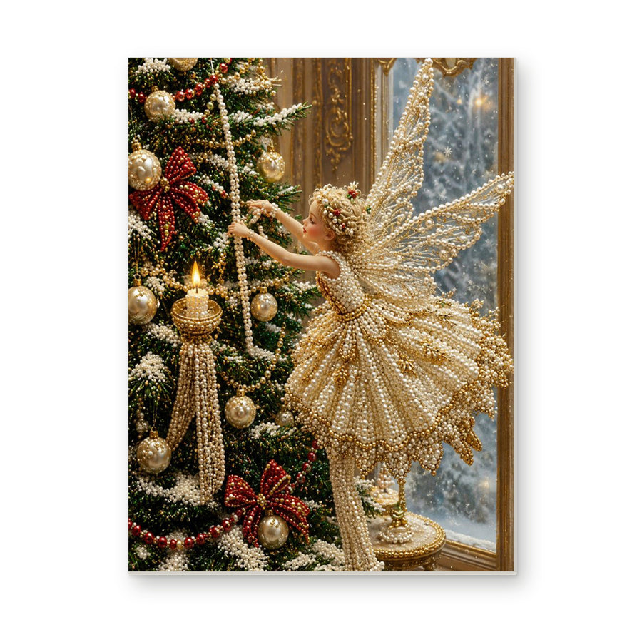 Straight dimensional white-background mockup of the complete artwork — Golden Fairy Decorating a Christmas Tree. Pearl diamond painting DIY kit by Isuvio.