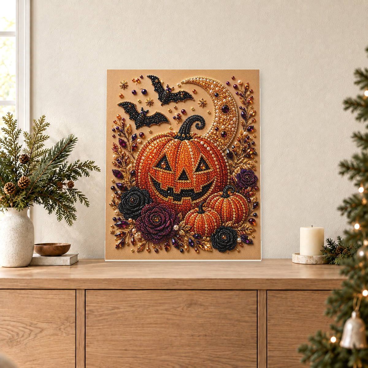 Calabaza de Halloween sonriente con murciélagos y rosas oscuras